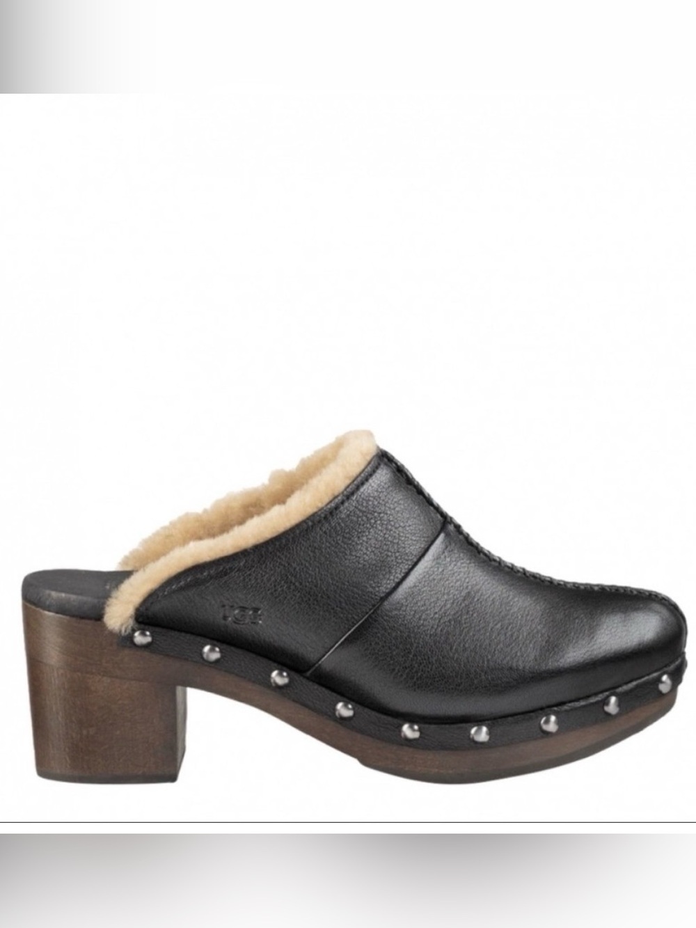 UGG Kassi Black Leather Shearling Studded Block Heel Clogs Mules Size 10
